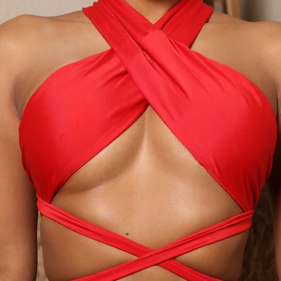 Wrapped Top And Bottom Pool Side Bikini Red - Picture 3 of 5